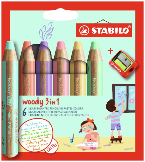 Stabilo Woody 3in1 Malstift 6x mit XXL-Spitzer Pastell - Bild 1