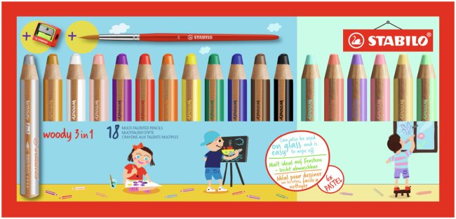 STABILO woody 3 in 1 Multitalent-Stift 18er Kartonetui Pastell mit Spitzer + Pinsel - Bild 1