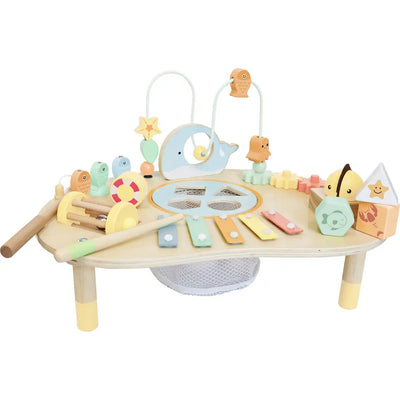 SpielMaus Holz Motorik-Spieltisch Meerestiere – Holztisch mit Motorikschleife, Xylophon, Steckformen und Angelspiel