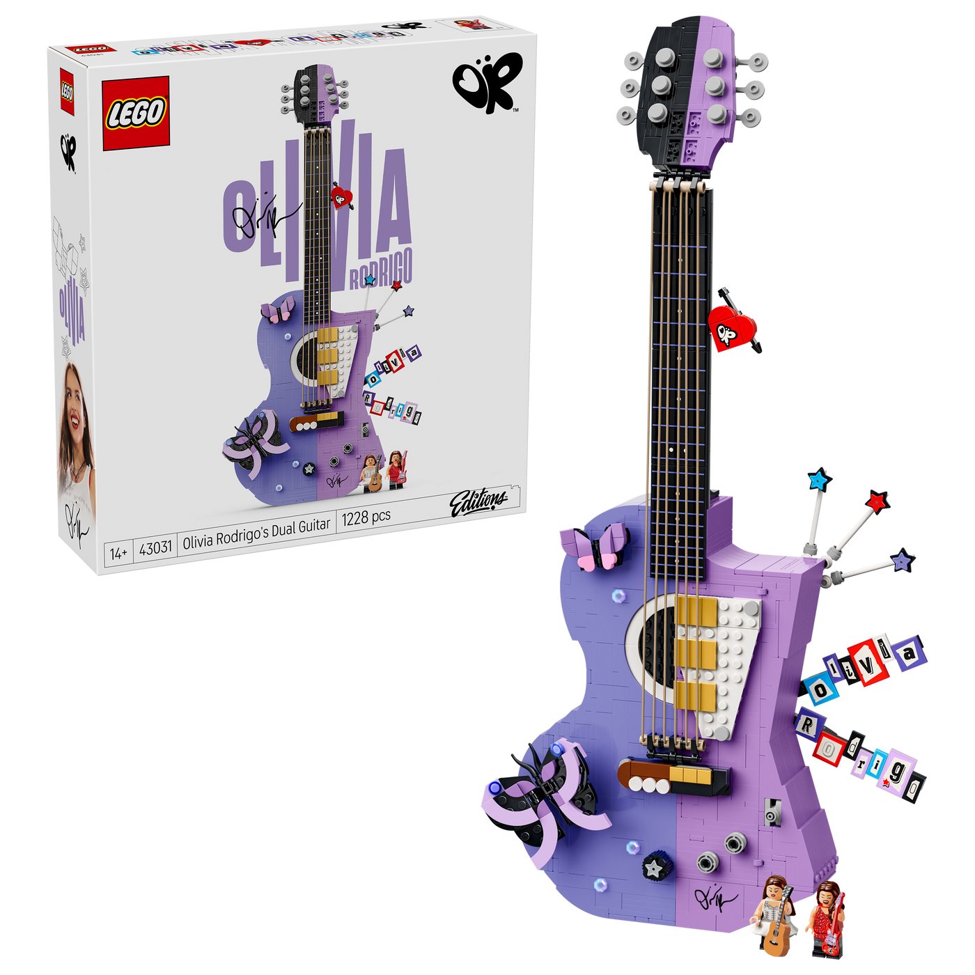 Verpackung und fertiges Modell von LEGO Special Editions 43031 Olivia Rodrigos Gitarre