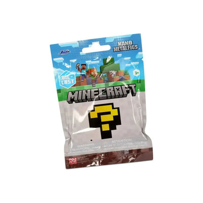 Minecraft Nano Metalfigs Blind Pack: Folienbeutel mit Minecraft-Logo, gelbem Fragezeichen und Altersangabe 3+