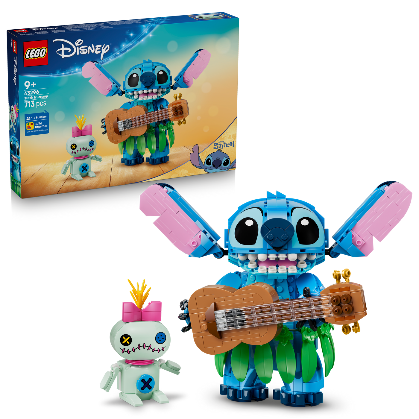 Verpackung und fertig gebautes Modell von Stitch und Scrump nebeneinander
