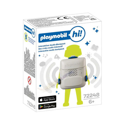 Verpackung PLAYMOBIL hi! Interaktiver Audio-Backpack 72248 mit Figur und grauem Rucksack, Altersangabe 6+