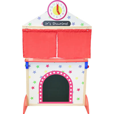 SpielMaus Holz Kasperlitheater mit geschlossenem rotem Vorhang, Uhr-Motiv und Schild «It’s Showtime!»