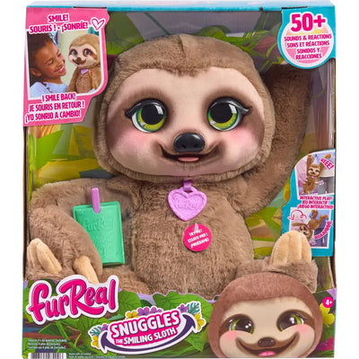 Verpackung von FurReal Snuggles the Smiling Sloth mit Sichtfenster, Hinweis auf über 50 Geräusche und Altersangabe 4+