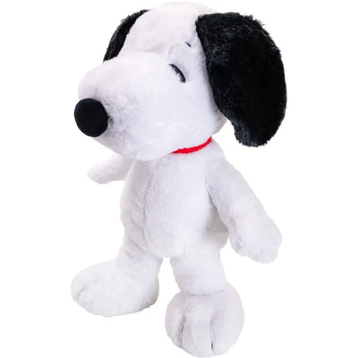 Snoopy Plüschfigur in Weiss mit schwarzen Schlappohren, schwarzer Nase und rotem Halsband