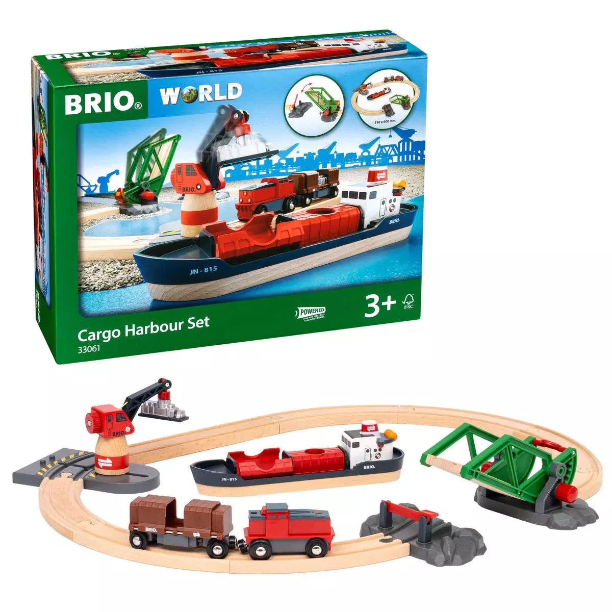 BRIO Container Hafen Set 33061: Verpackung und aufgebaute Hafenstrecke