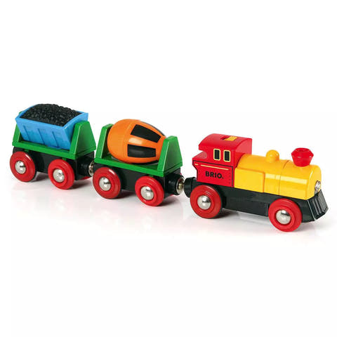 BRIO Zug mit Batterielok 33319, Zementmischer und Kohlewaggon