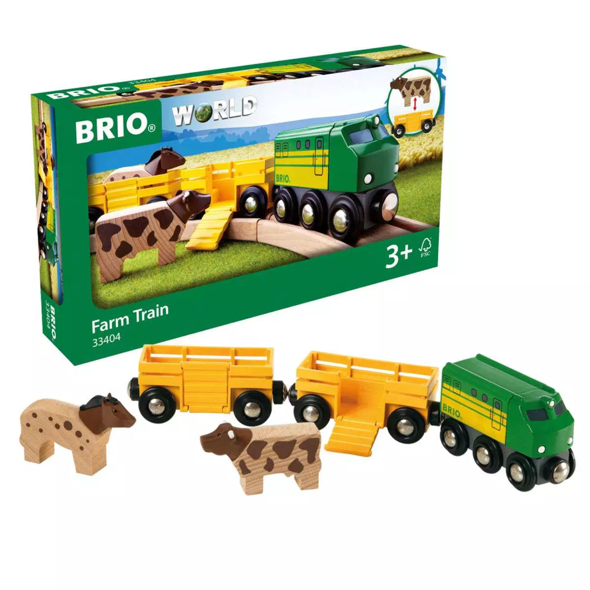 BRIO Bauernhofzug 33404 mit Verpackung, Lok, zwei Waggons und Tieren