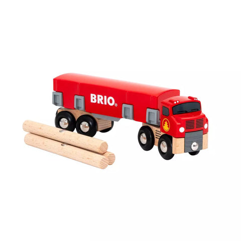BRIO Holztransporter 33657 mit Plane und Holzstämmen daneben