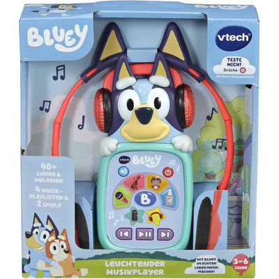 Verpackung des VTech Bluey Leuchtenden Musikplayers mit Kopfhörern und Bluey-Figur