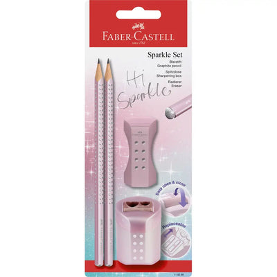 Faber-Castell Sparkle Schreibset rosé – 2 Bleistifte, Spitzdose und Radierer im glitzernden Design