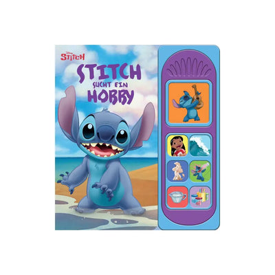 Soundbuch «Stitch sucht ein Hobby»: Cover mit Stitch am Strand, rechts die violette Tastenleiste mit sieben Bildtasten