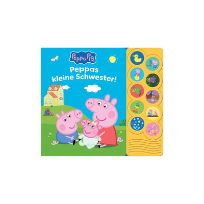 Soundbuch «Peppas kleine Schwester»: Cover mit Familie Wutz und Baby Evie auf der Wiese, rechts die gelbe Tastenleiste mit zehn runden Bildtasten