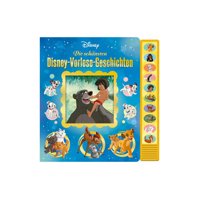 Soundbuch «Die schönsten Disney-Vorlese-Geschichten»: blaues Cover mit Mogli und Balu im goldenen Rahmen, umgeben von Dalmatinern, Aristocats, Simba und Bambi, rechts die gelbe Tastenleiste
