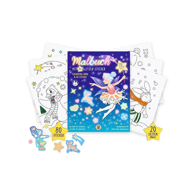 Make a Wish Malbuch mit Fee auf dem Cover, dahinter Ausmalseiten und ein Bogen Glitzersticker