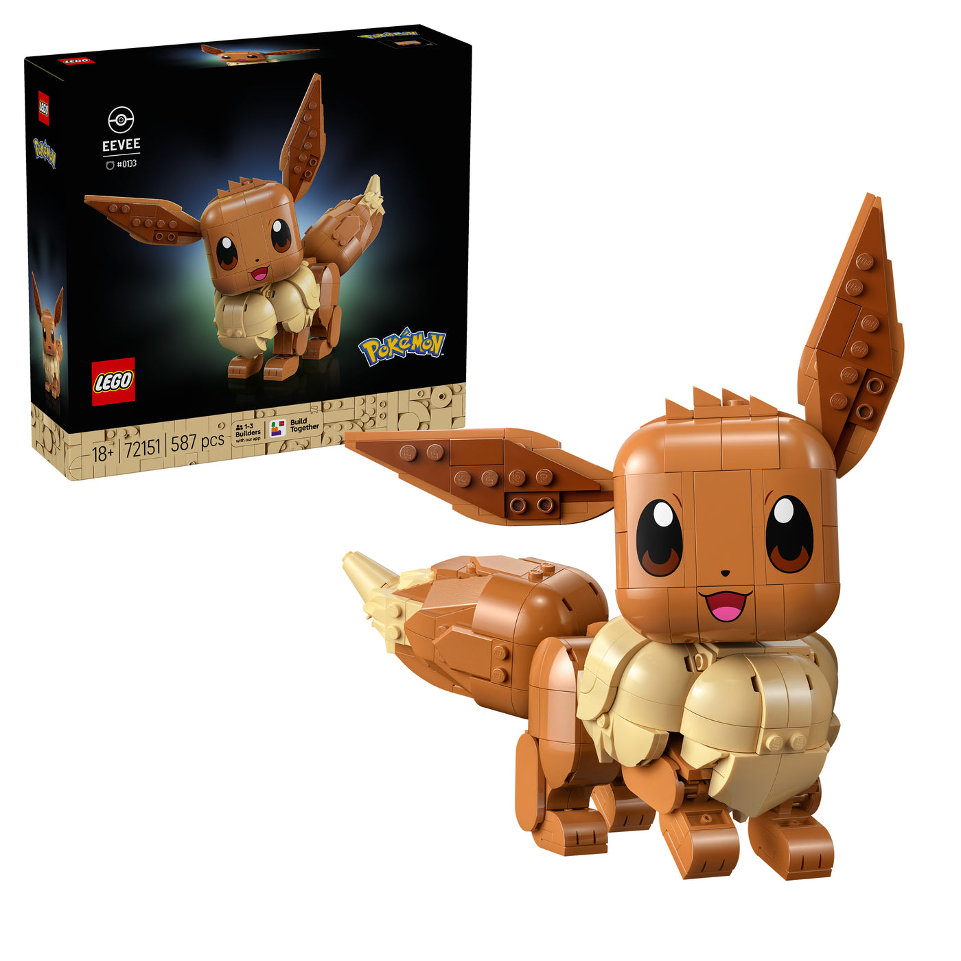 Verpackung des LEGO Pokémon Evoli 72151 mit der fertigen Figur daneben