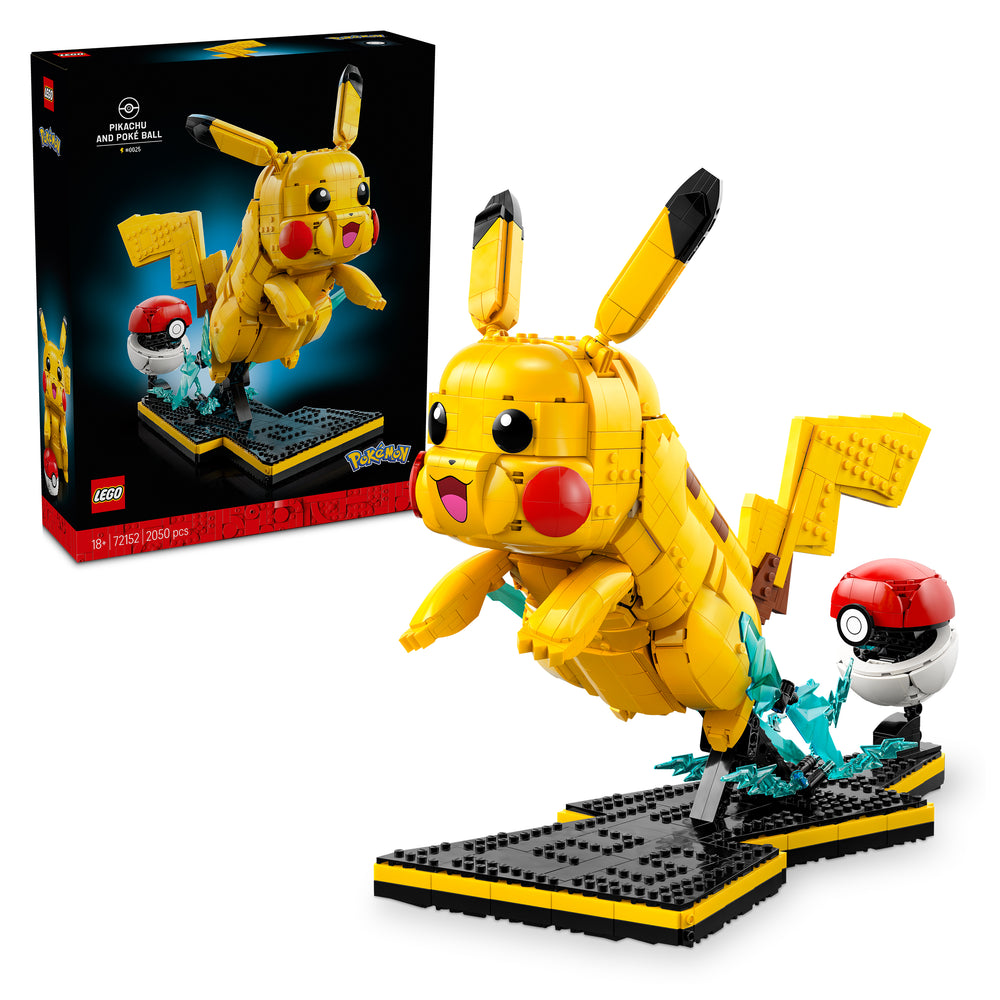 Verpackung des LEGO Pokémon Pikachu und Pokéball 72152 mit dem fertigen Modell daneben