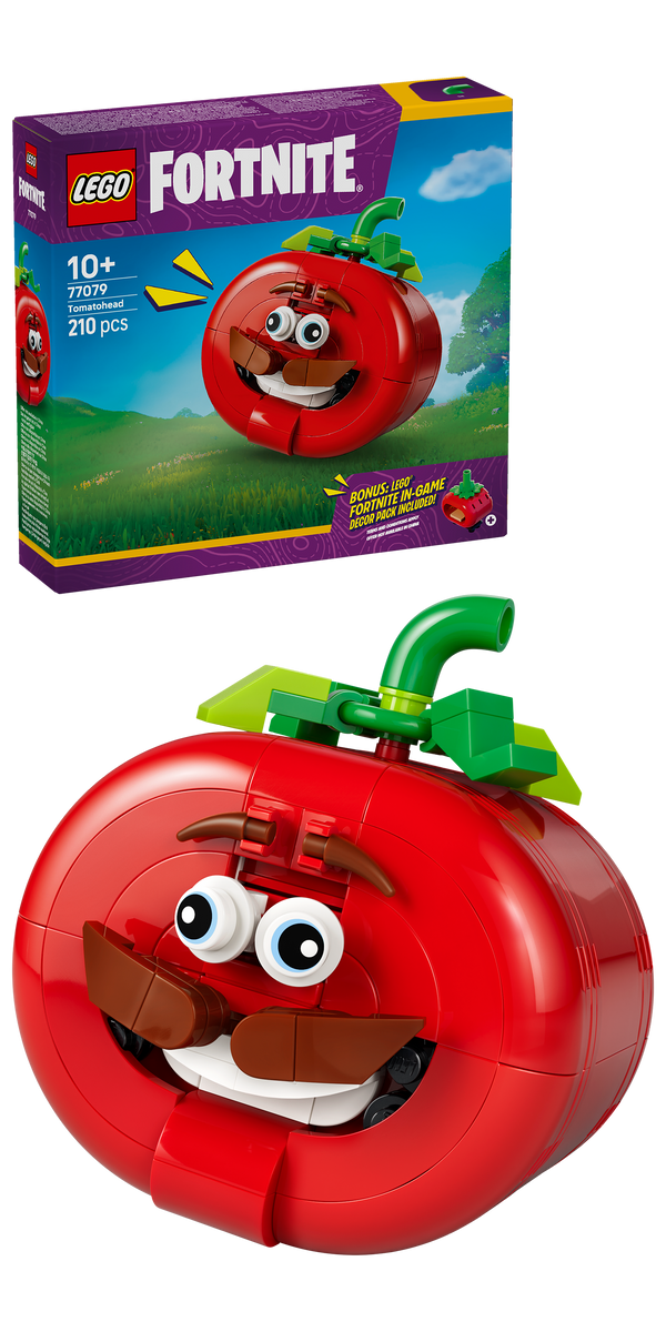 Verpackung des LEGO Fortnite Tomatenkopf 77079 mit dem fertigen Modell davor
