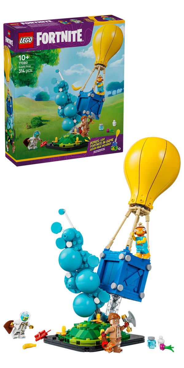 Verpackung der LEGO Fortnite Vorratslieferung 77080 mit dem fertigen Modell
