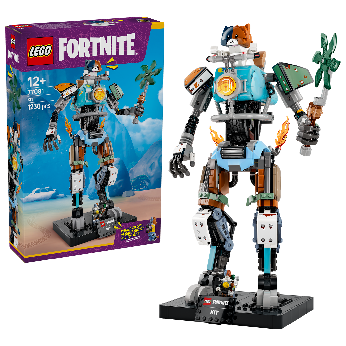 Verpackung und fertiges Modell der LEGO Fortnite Figur KIT nebeneinander