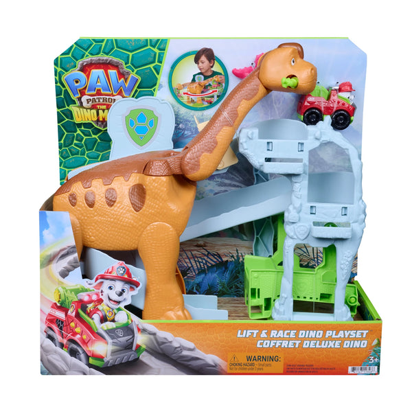 Verpackung Lift & Race Dino Playset von vorne mit Brachiosaurus, Turm und Marshall im roten Racer