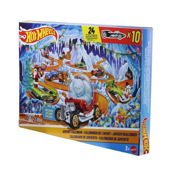 Verpackung des Hot Wheels Adventskalenders 2026 mit winterlicher Eishöhlen-Rennstrecke und Yeti in der Schneekugel