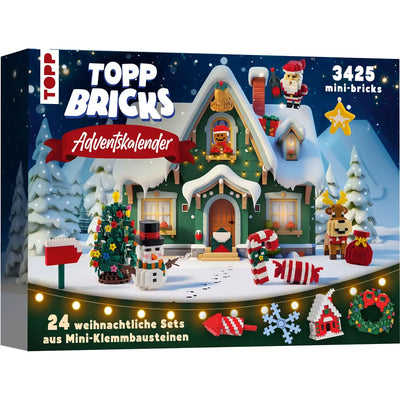 Verpackung des TOPP Bricks Adventskalenders mit weihnachtlichem Haus aus Mini-Klemmbausteinen