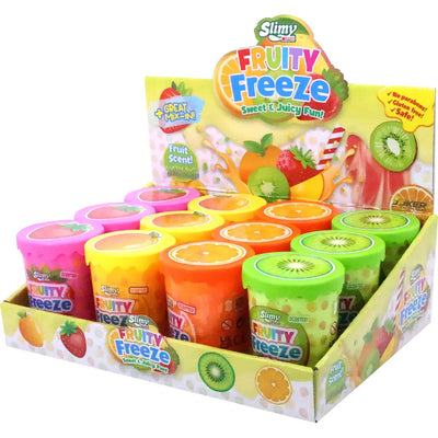 Slimy Fruity Freeze Sortiment mit verschiedenen Fruchtsorten im Display