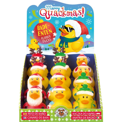Verkaufsdisplay «Merry Quackmas» mit Weihnachts-Badeenten in sechs Designs – geliefert wird eine Ente