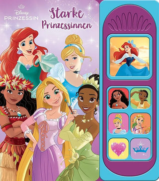Soundbuch «Starke Prinzessinnen»: Cover mit Arielle, Cinderella, Vaiana, Rapunzel und Tiana, rechts die violette Tastenleiste mit sieben Bildtasten