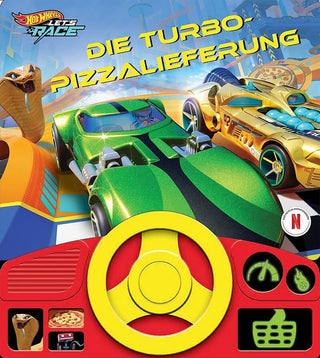 Lenkrad-Soundbuch Hot Wheels Let's Race «Die Turbo-Pizzalieferung»: Cover mit grünem und goldenem Rennwagen, unten das gelbe Lenkrad auf rotem Armaturenbrett mit Sound-Tasten