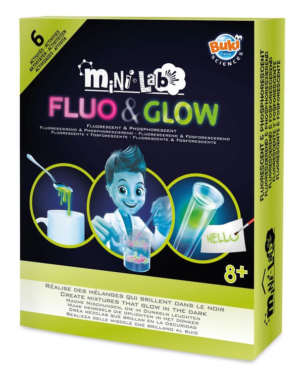 Buki Mini Lab Fluo & Glow – Verpackung mit leuchtendem Slime und Reagenzglas, 6 Aktivitäten, ab 8 Jahren