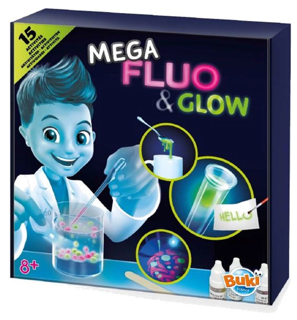 Buki Mega Fluo & Glow – Verpackung mit leuchtendem Slime, Reagenzglas und Leuchtperlen unter UV-Licht, 15 Aktivitäten, ab 8 Jahren