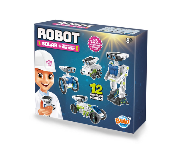 Buki Robot Solar – Verpackung mit Roboter- und Fahrzeugmodellen, Solar plus wiederaufladbarer Akku, 208 Teile, 12 Modelle, ab 8 Jahren