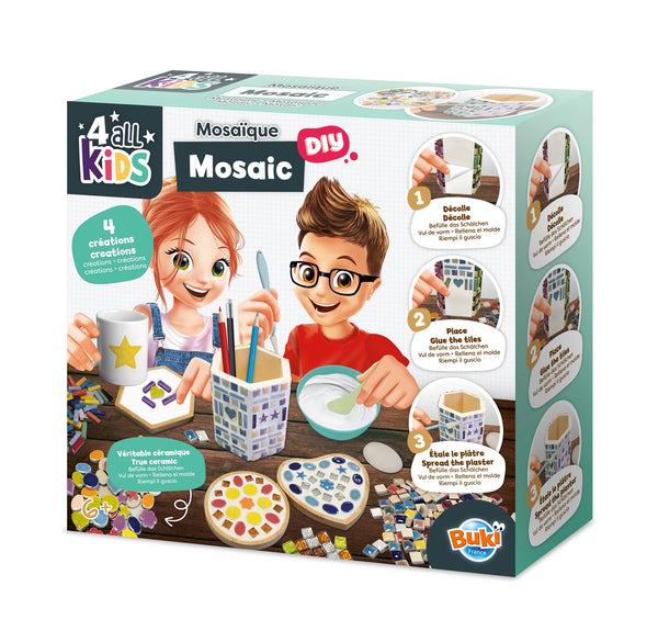 Buki 4 all Kids Mosaik DIY – Verpackung mit zwei Kindern beim Gestalten von Stiftehalter und Untersetzern, 4 Kreationen, ab 6 Jahren