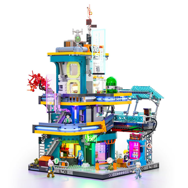 Lumibricks Cyberpunk Apartment: mehrstöckiges Neon-Wohnhaus mit Imbiss, Balkonen und Leuchtschildern