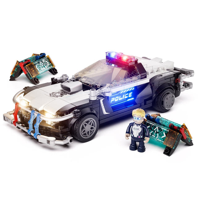 Lumibricks Cyberpunk Streifenwagen mit leuchtendem Blaulichtbalken, Polizistenfigur und zwei Anbaumodulen