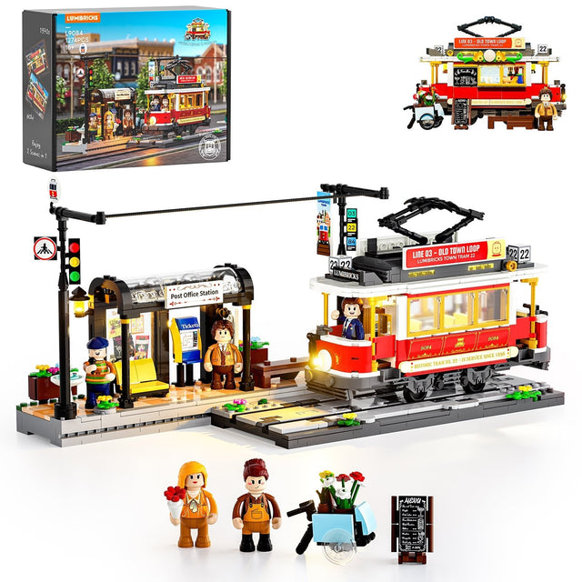 Lumibricks Historische Strassenbahn: Verpackung, roter Tramwagen an der Post Office Station und Umbauvariante als Bar