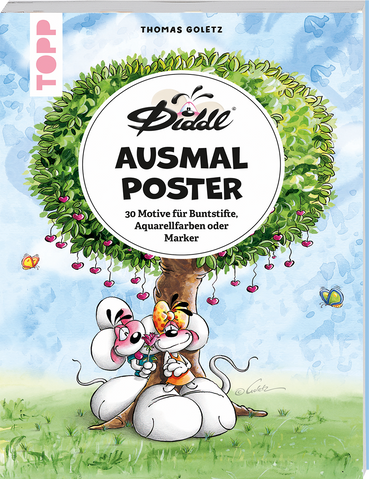 Cover des Diddl Ausmalposter-Buchs mit Diddl und Diddlina unter einem Baum voller Herzen