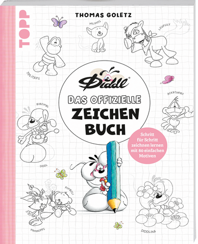 Cover des offiziellen Diddl-Zeichenbuchs mit Charakterskizzen auf Karopapier