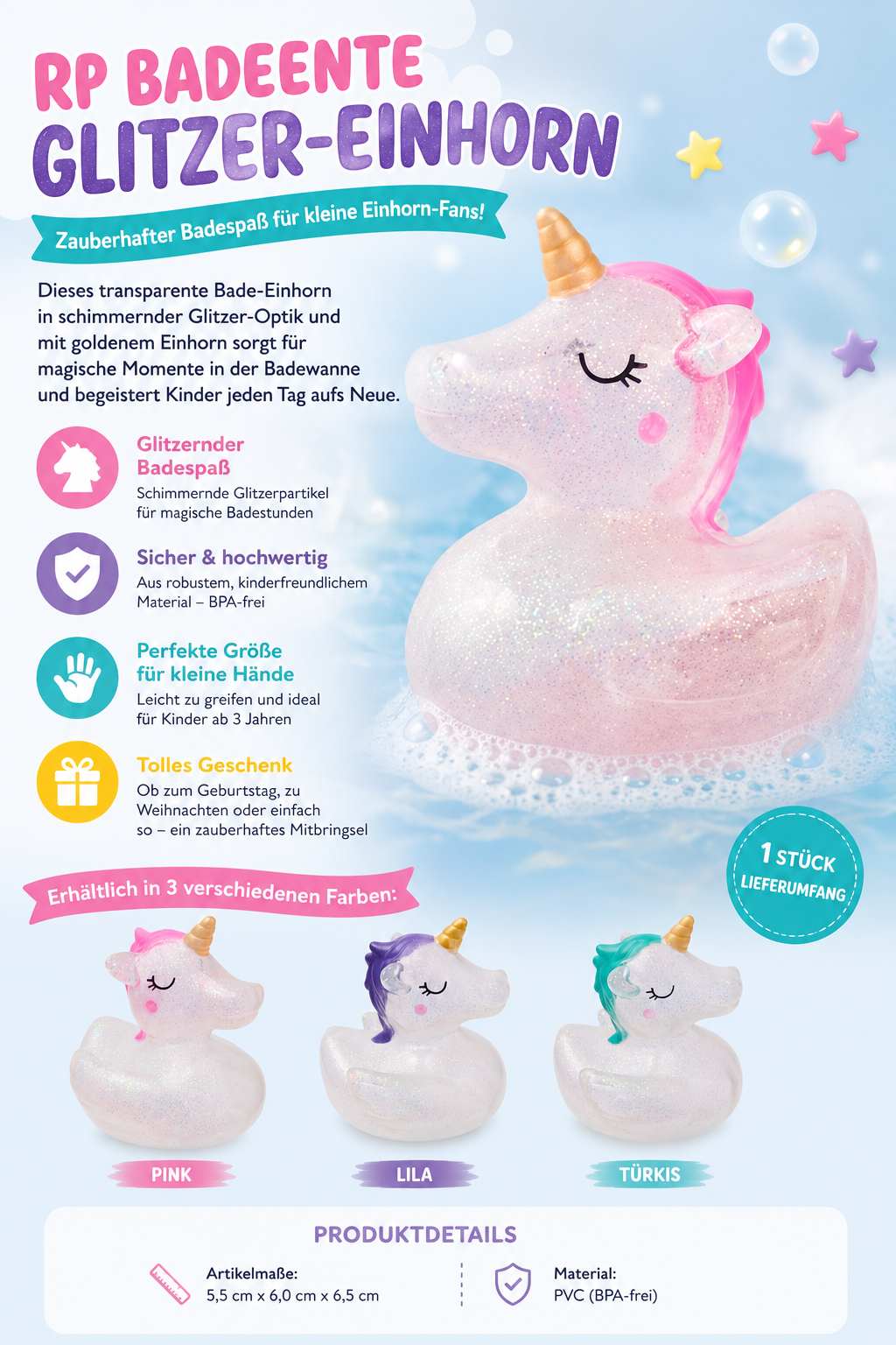 Rainbow Power : Glitzer - Badeente Einhorn - Bild 2