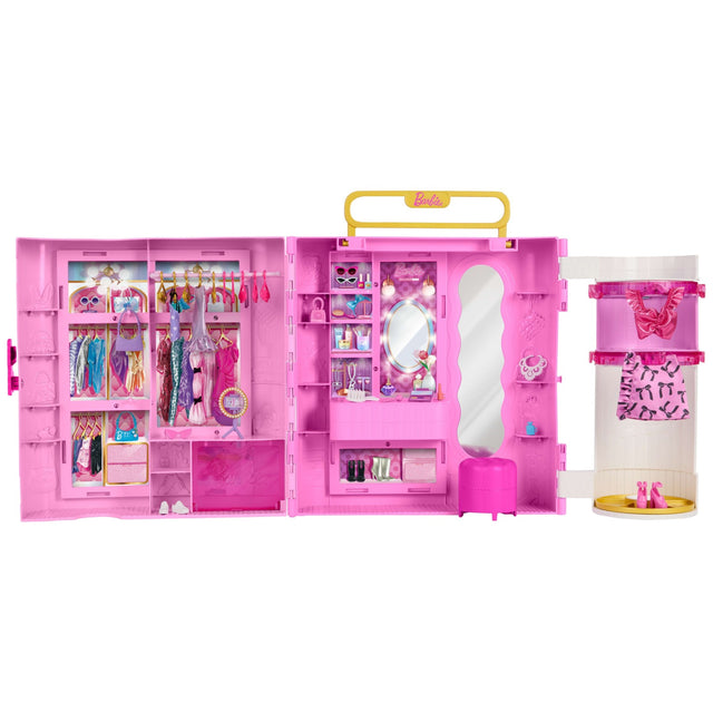 Aufgeklappter Barbie Deluxe Style Kleiderschrank mit Kleiderstange, Schminktisch und Dreh-Ankleide