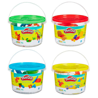 Play-Doh Spasseimer in vier Themen mit grünem, rotem, blauem und gelbem Deckel