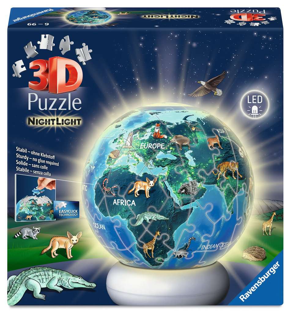 Puzzle 3D Ball 72 Teile: Nachtlicht Erde mit Tiermotiven 08.055 - Bild 1