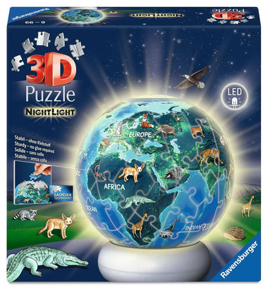 Puzzle 3D Ball 72 Teile: Nachtlicht Erde mit Tiermotiven 08.055