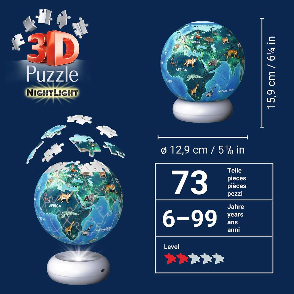 Puzzle 3D Ball 72 Teile: Nachtlicht Erde mit Tiermotiven 08.055 - Bild 6