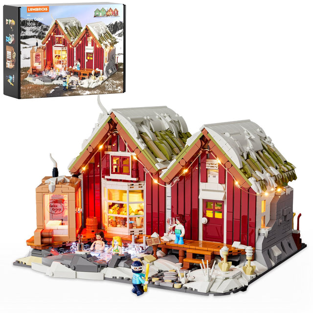 Lumibricks Spa-Kabine: Verpackung und fertige rote Holzhütten mit Grasdach, Thermalbecken und Sauna