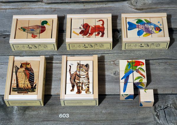 Klötzlipuzzle 6-teilig Tiere mit Holzhintergrund 35 mm 'Ente' etc.