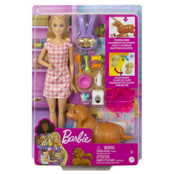Barbie Puppe (blond) mit Hund und Welpen